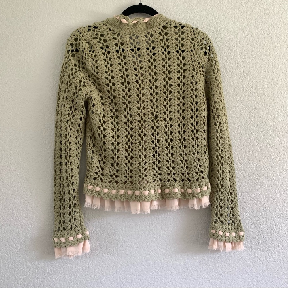 Olive Green Crochet Sweater with Pink Accents - Picture 8 of 8